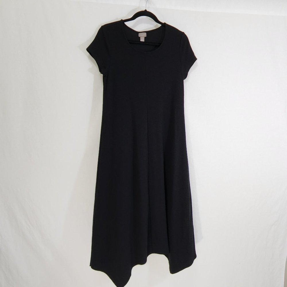CHICO'S Black Seamed Tee Mixi Dress with Asymmetrical Hem Size 1 (8/M) LIKE NEW - Picture 1 of 16
